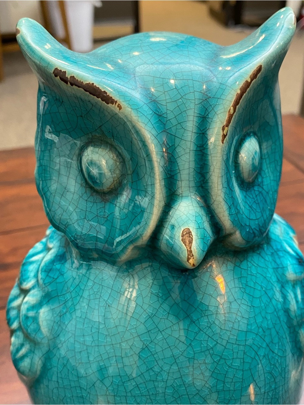 Large 9” Teal/Turquoise Ceramic Owl Figurine - Aged Vintage Look Home Decor - Picture 4 of 11